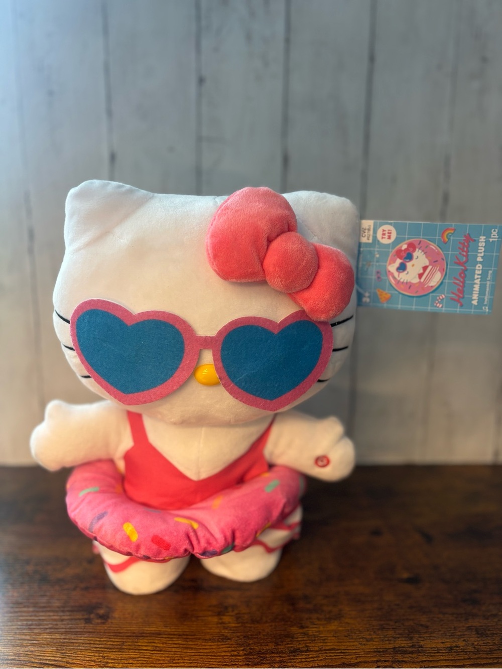 Working Hello Kitty White Plush with Pink Outfit and Blue Heart Sunglasses